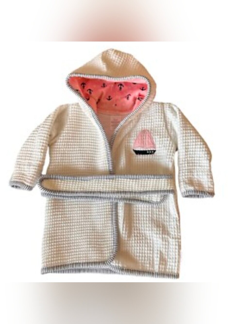 Nautica Infant 0-9 Mth Cream Waffle-Knit Kids Hooded Robe Pink Sailboat Lining